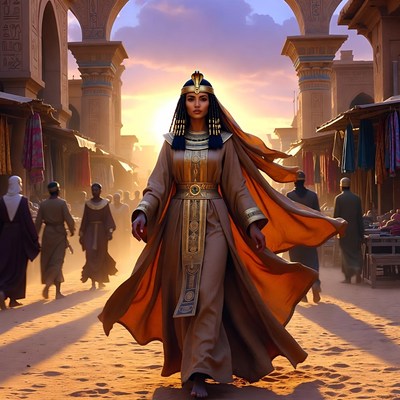 Egyptian Queen Walking in Ancient Market