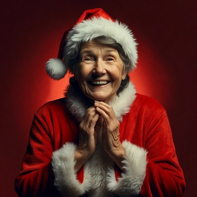 Elderly woman in Santa hat smiling