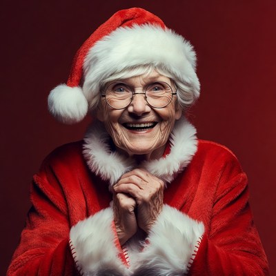 Elderly woman in Santa hat smiling