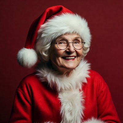 Elderly woman in Santa hat smiling