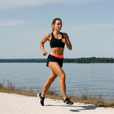 Woman running by lake