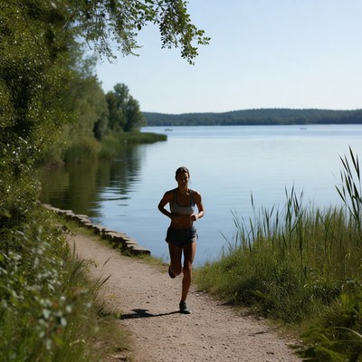 Woman running by lake trail