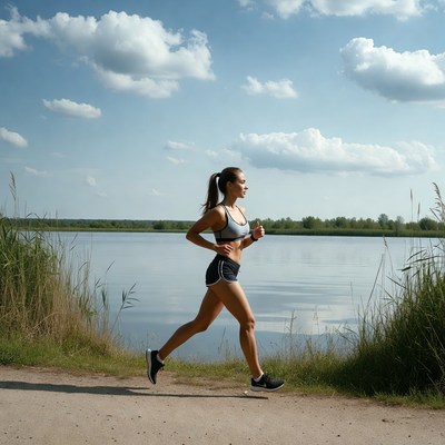 Woman running by lake