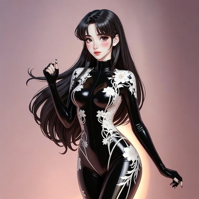 Asian woman in black floral latex bodysuit