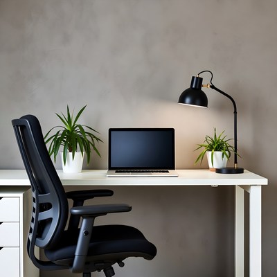 Office Desk with Laptop and Lamp