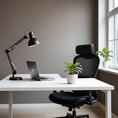 Modern Office Desk with Laptop and Chair