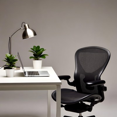 Office Desk with Laptop and Ergonomic Chair