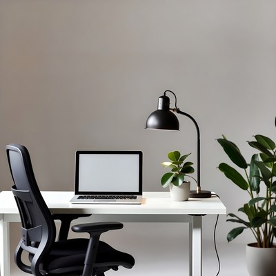 Laptop on Desk with Lamp and Plant
