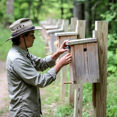 Person checking birdhouse in forest