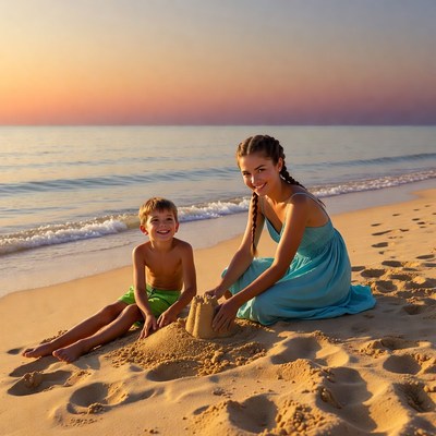Mother and boy building sandcastle at sunset beach