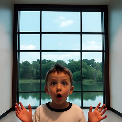 Boy amazed by lake view window