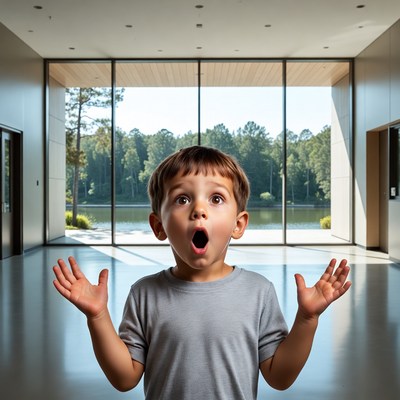Boy with surprised expression in modern lobby