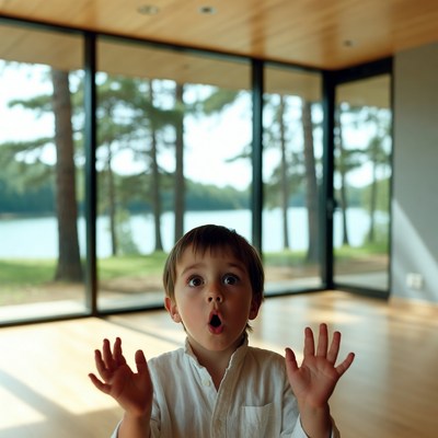 Boy amazed by lake view