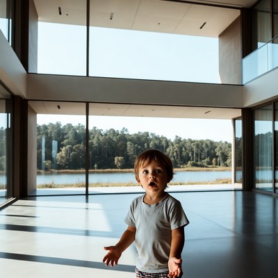 Toddler boy in modern glass house by lake