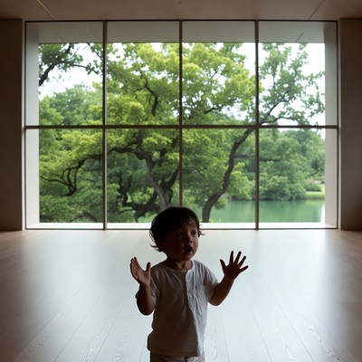 Baby standing in modern room with window view