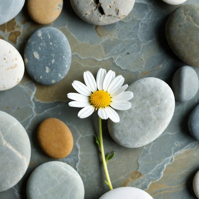 Daisy flower on smooth pebbles
