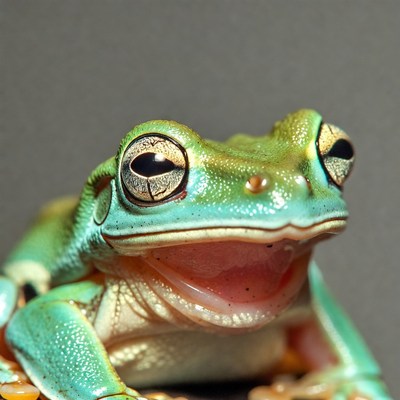Green tree frog with open mouth