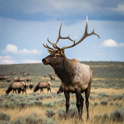 Bull Elk with Large Antlers in Grassland