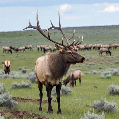Bull Elk with Large Antlers in Meadow