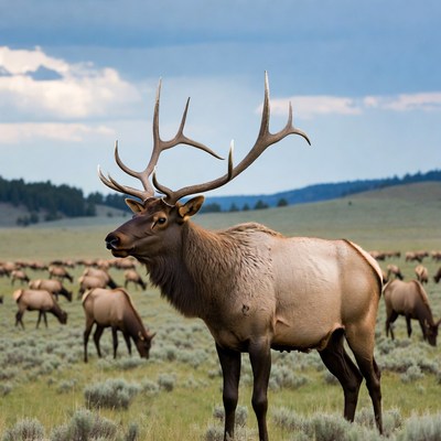 Bull Elk with Large Antlers in Meadow