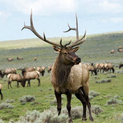 Bull Elk with Large Antlers in Meadow