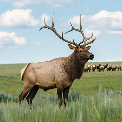 Bull Elk with Large Antlers in Grassland