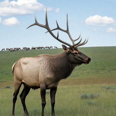 Bull Elk with Large Antlers in Meadow