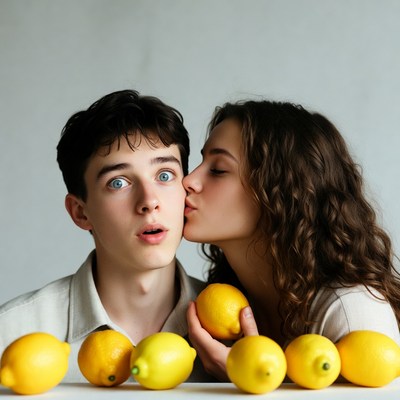 Woman kissing surprised man with lemons