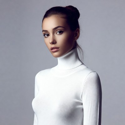 Woman in white turtleneck sweater