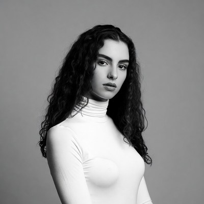 Woman with curly hair in turtleneck