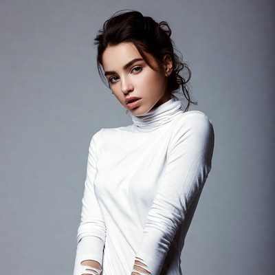 Woman in white turtleneck sweater