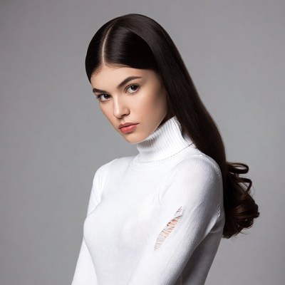 Woman in white turtleneck sweater