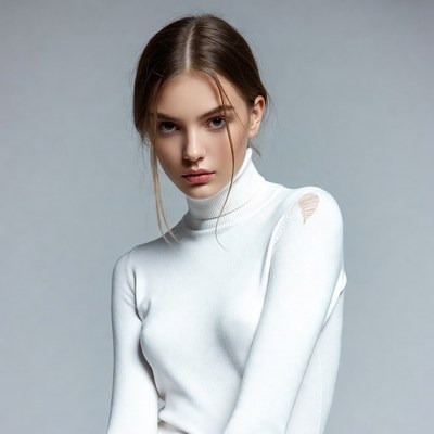 Woman in white turtleneck sweater