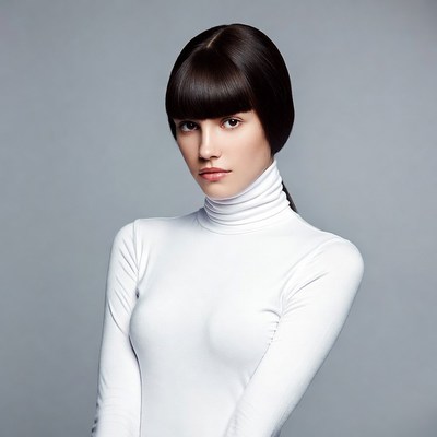 Woman in white turtleneck sweater
