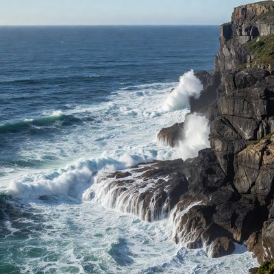 Ocean Waves Crashing Against Cliff