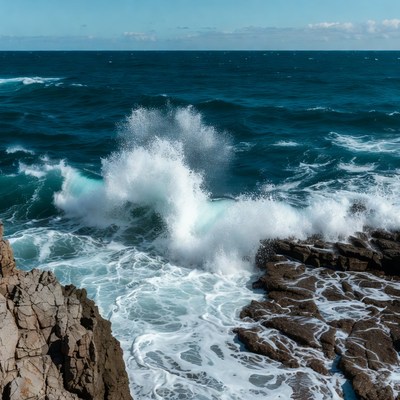 Crashing Waves Against Coastal Rocks