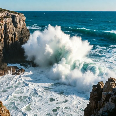 Ocean Waves Crashing Against Cliffs