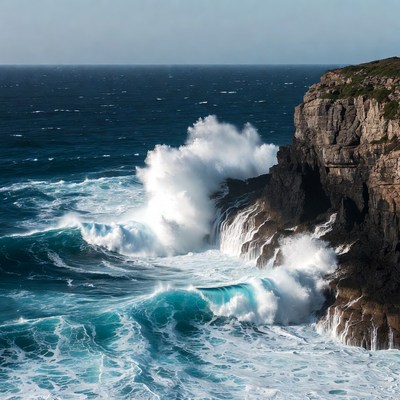 Ocean Waves Crashing Against Cliff