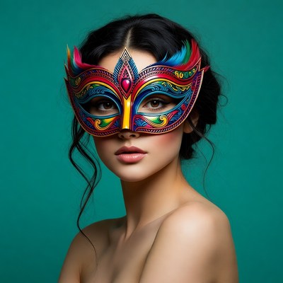 Woman wearing colorful Venetian mask