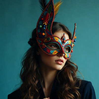 Woman wearing colorful feathered mask