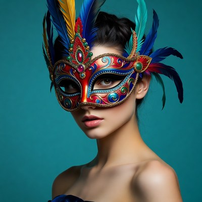 Woman wearing colorful feathered Venetian mask