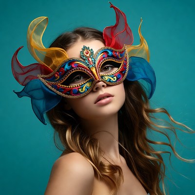 Woman wearing colorful Venetian mask
