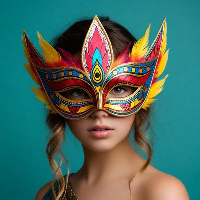 Girl wearing colorful feathered mask