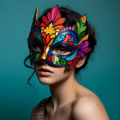 Woman wearing colorful ornate mask