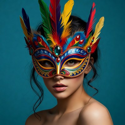 Woman in colorful feather headdress mask
