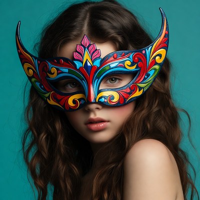 Girl wearing colorful ornate mask