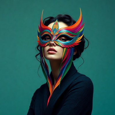 Woman wearing colorful feathered mask