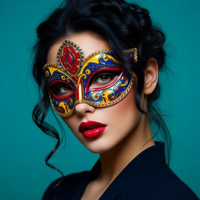 Woman wearing ornate gold Venetian mask