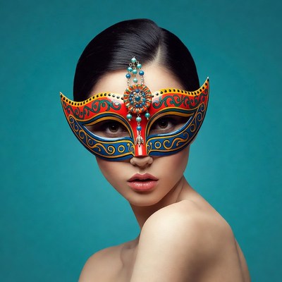 Asian woman wearing ornate mask