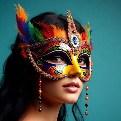 Woman wearing colorful feathered mask